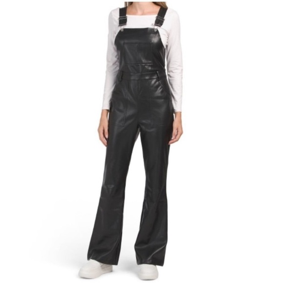 7 FOR ALL MANKIND Black Faux Leather Flare Overalls L